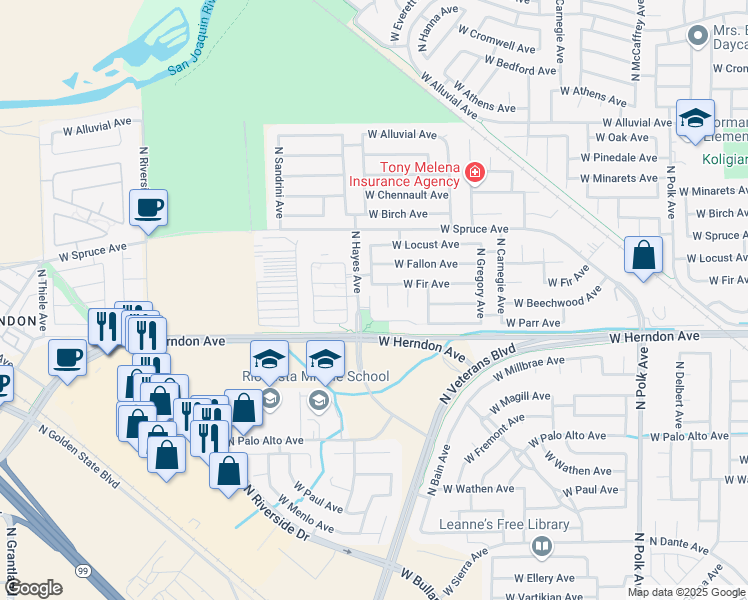 map of restaurants, bars, coffee shops, grocery stores, and more near 7064 North Cedar Hill Drive in Fresno