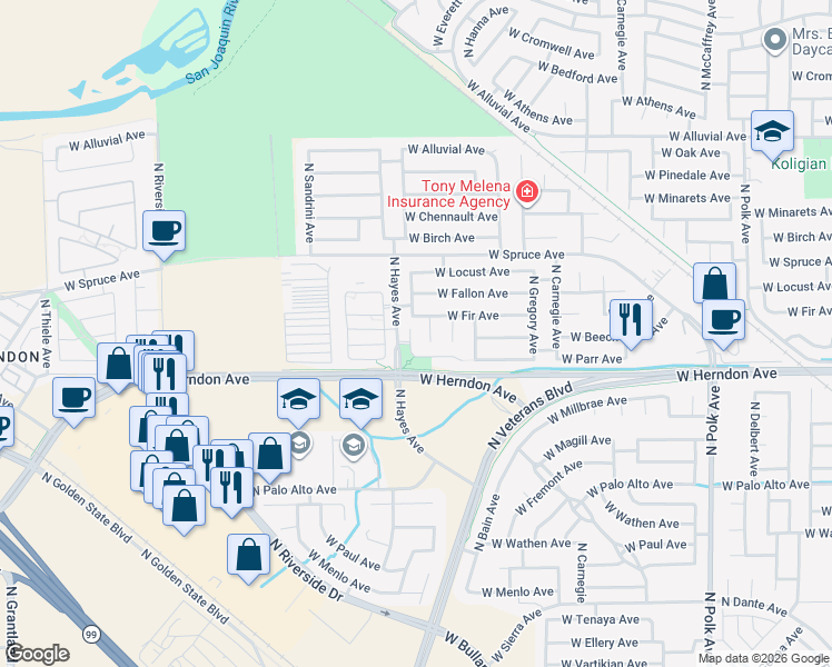 map of restaurants, bars, coffee shops, grocery stores, and more near 7064 North Cedar Hill Drive in Fresno
