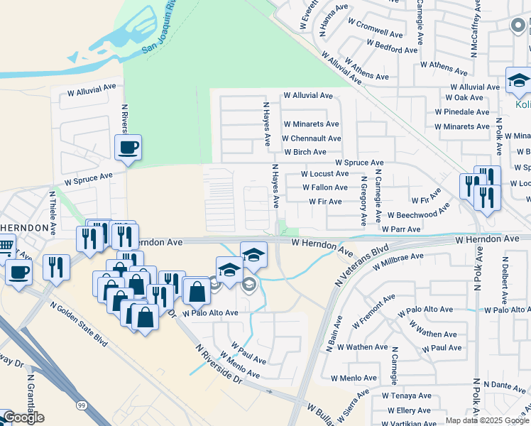 map of restaurants, bars, coffee shops, grocery stores, and more near 6122 West Bennington Drive in Fresno