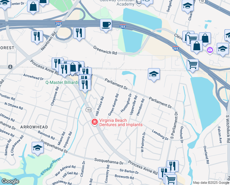 map of restaurants, bars, coffee shops, grocery stores, and more near 159 Green Kemp Road in Virginia Beach