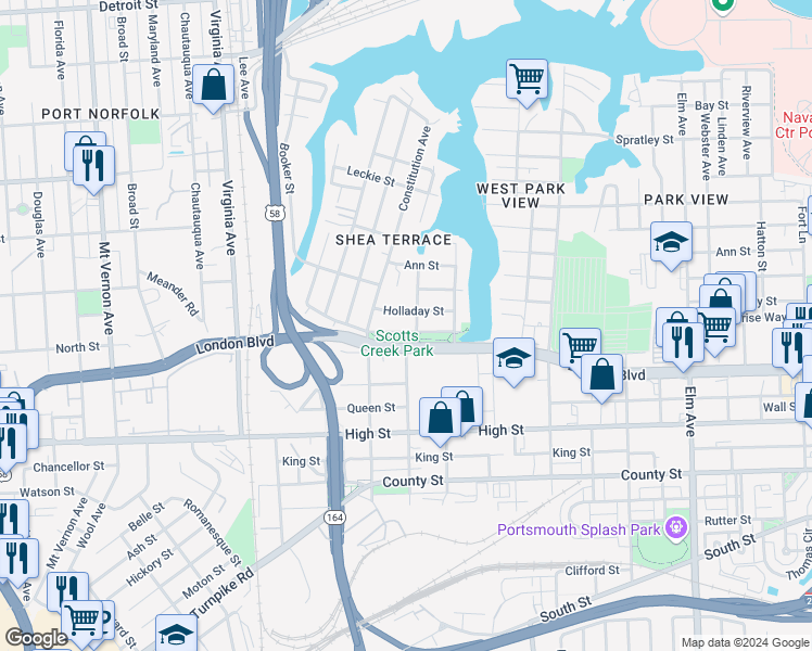 map of restaurants, bars, coffee shops, grocery stores, and more near 2008 North Street in Portsmouth