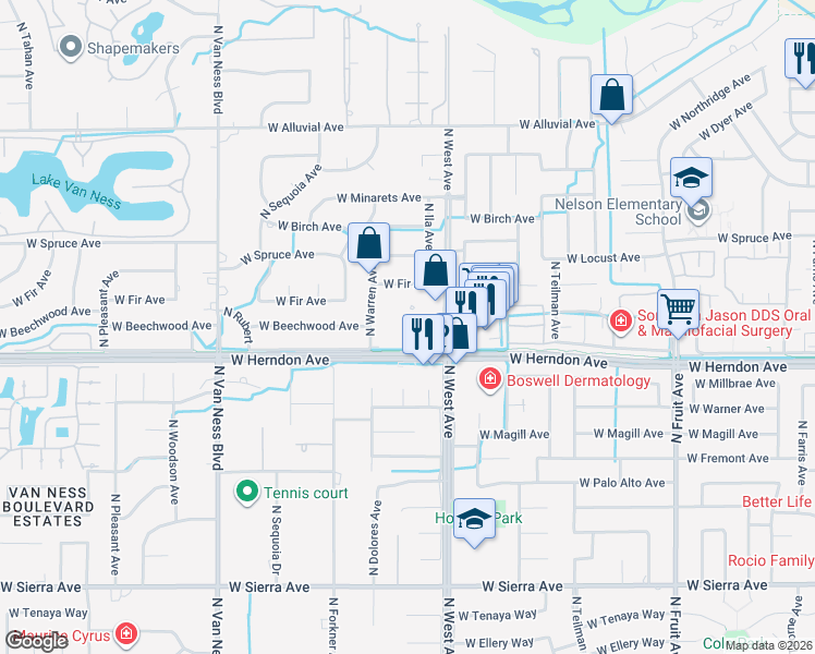 map of restaurants, bars, coffee shops, grocery stores, and more near 7035 North West Avenue in Fresno