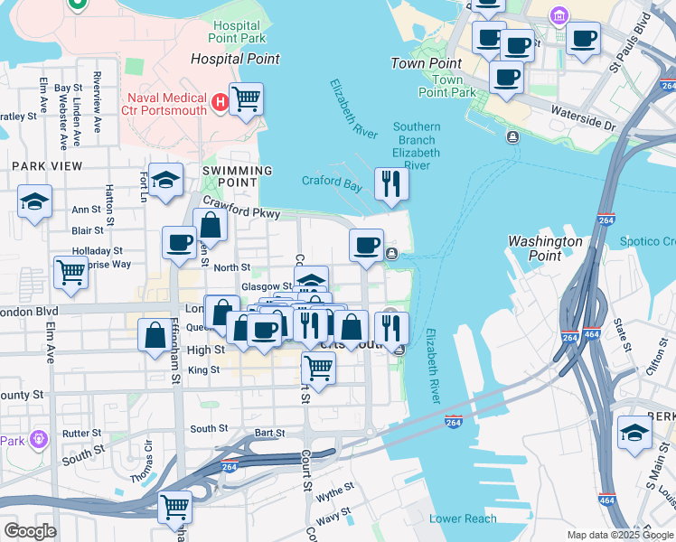 map of restaurants, bars, coffee shops, grocery stores, and more near 355 Middle Street in Portsmouth