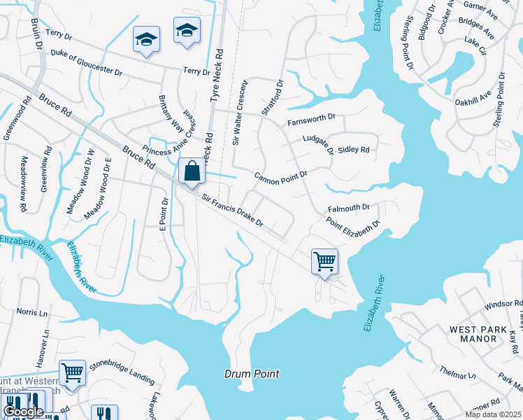 map of restaurants, bars, coffee shops, grocery stores, and more near 2813 Cardiff Lane in Chesapeake