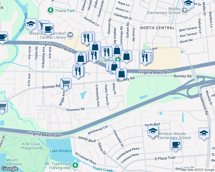map of restaurants, bars, coffee shops, grocery stores, and more near 111 Trace Court in Virginia Beach