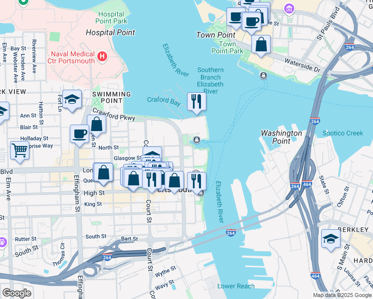 map of restaurants, bars, coffee shops, grocery stores, and more near 355 Crawford Street in Portsmouth