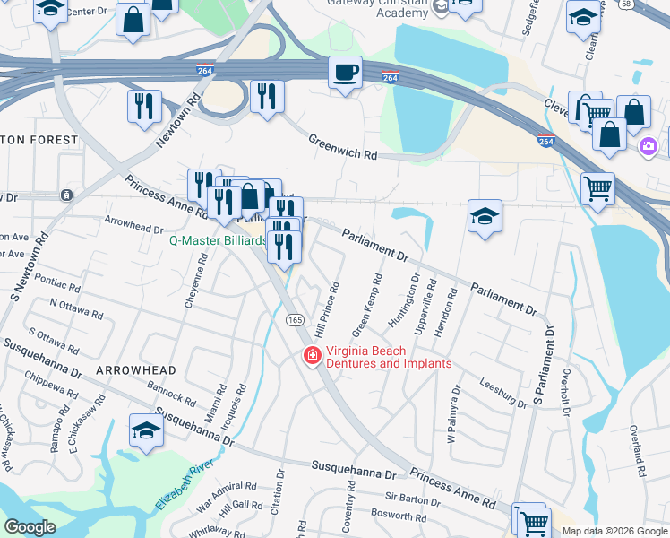 map of restaurants, bars, coffee shops, grocery stores, and more near 5517 Nashua Road in Virginia Beach