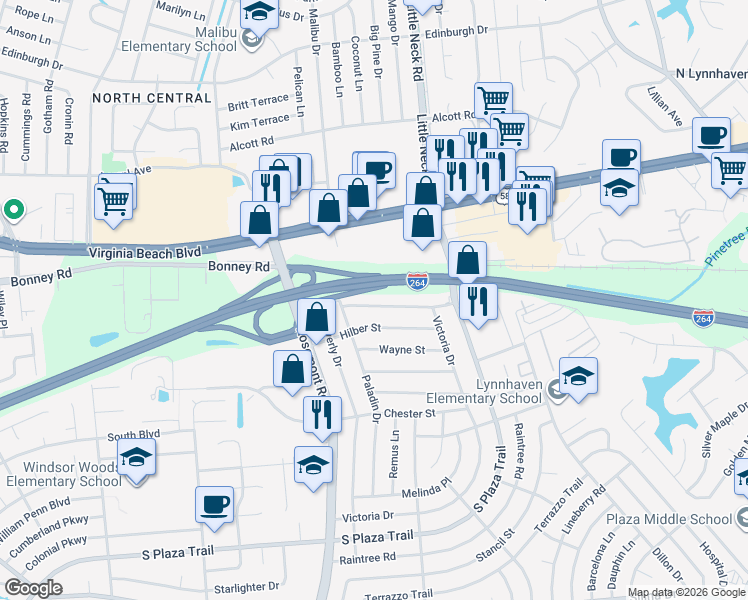 map of restaurants, bars, coffee shops, grocery stores, and more near 3536 Boyd Road in Virginia Beach