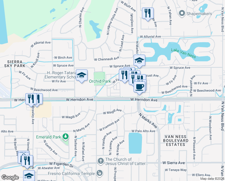 map of restaurants, bars, coffee shops, grocery stores, and more near 3286 West Illumination Drive in Fresno