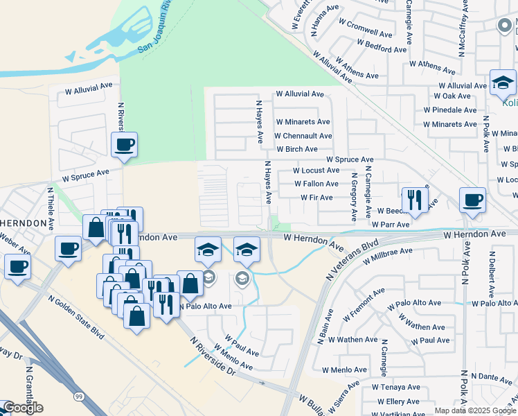 map of restaurants, bars, coffee shops, grocery stores, and more near 6122 West Bennington Drive in Fresno