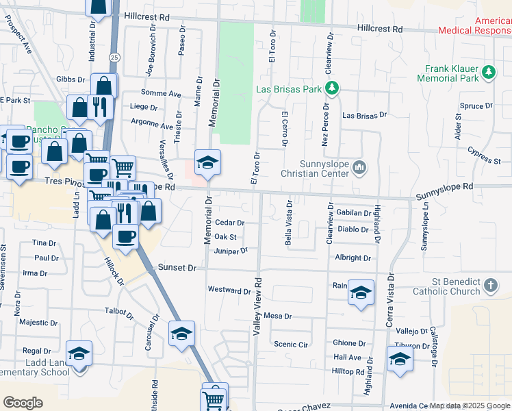 map of restaurants, bars, coffee shops, grocery stores, and more near 1510 Valley View Road in Hollister