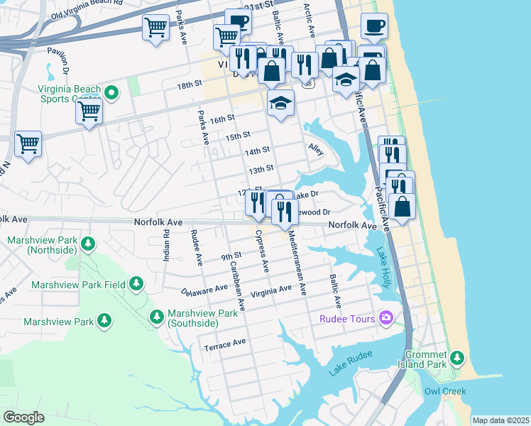 map of restaurants, bars, coffee shops, grocery stores, and more near 646 Pinewood Drive in Virginia Beach