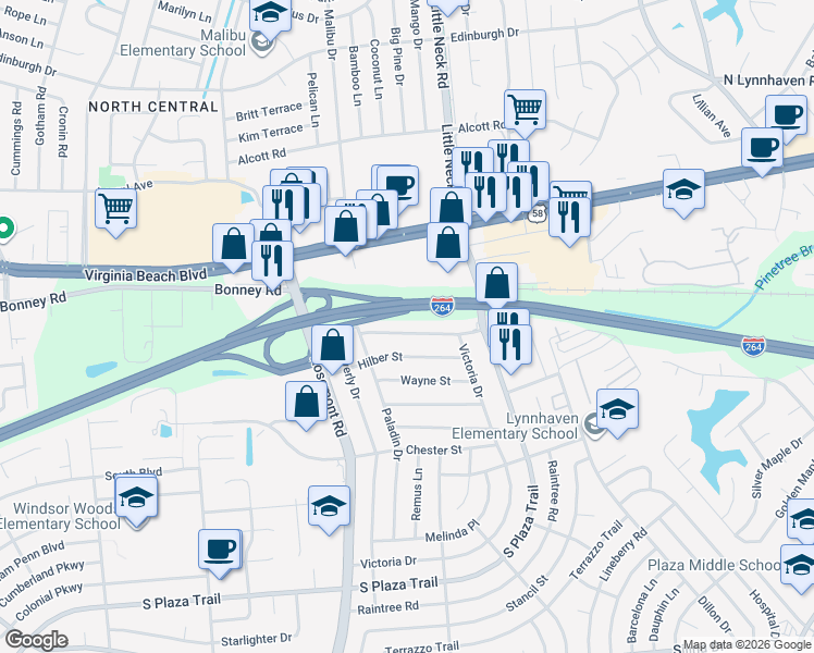 map of restaurants, bars, coffee shops, grocery stores, and more near 3536 Boyd Road in Virginia Beach