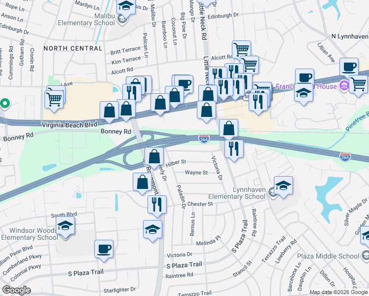 map of restaurants, bars, coffee shops, grocery stores, and more near 3536 Boyd Road in Virginia Beach