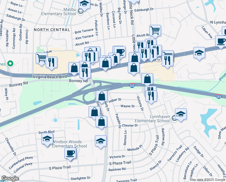 map of restaurants, bars, coffee shops, grocery stores, and more near 3552 Boyd Road in Virginia Beach