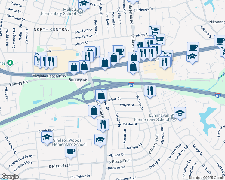 map of restaurants, bars, coffee shops, grocery stores, and more near 3552 Boyd Road in Virginia Beach