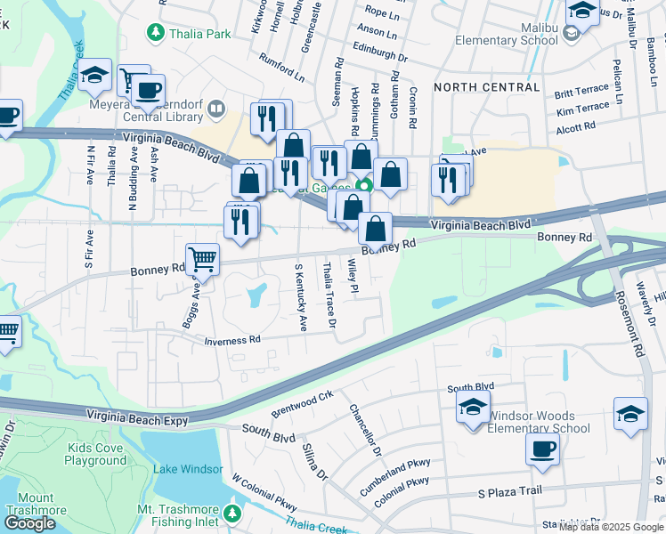 map of restaurants, bars, coffee shops, grocery stores, and more near 111 Trace Court in Virginia Beach
