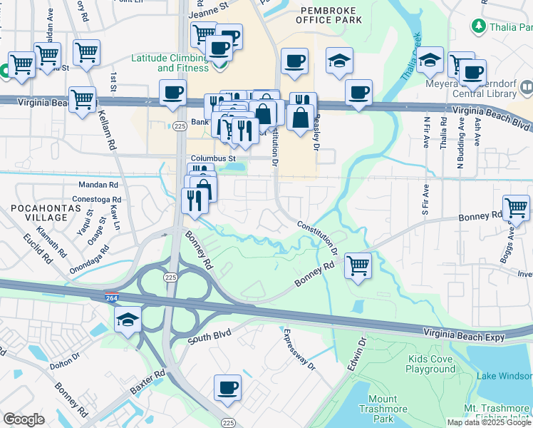 map of restaurants, bars, coffee shops, grocery stores, and more near 4567 Genoa Circle in Virginia Beach