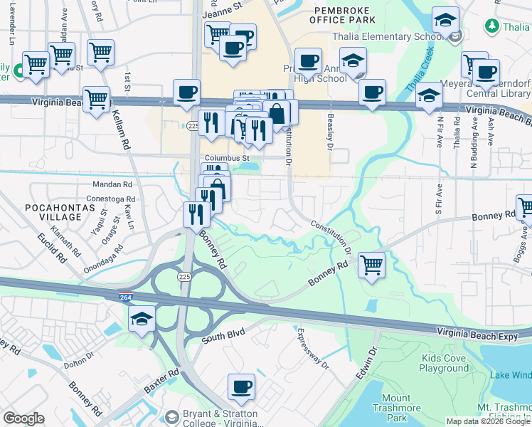 map of restaurants, bars, coffee shops, grocery stores, and more near 202 Ferdinand Circle in Virginia Beach