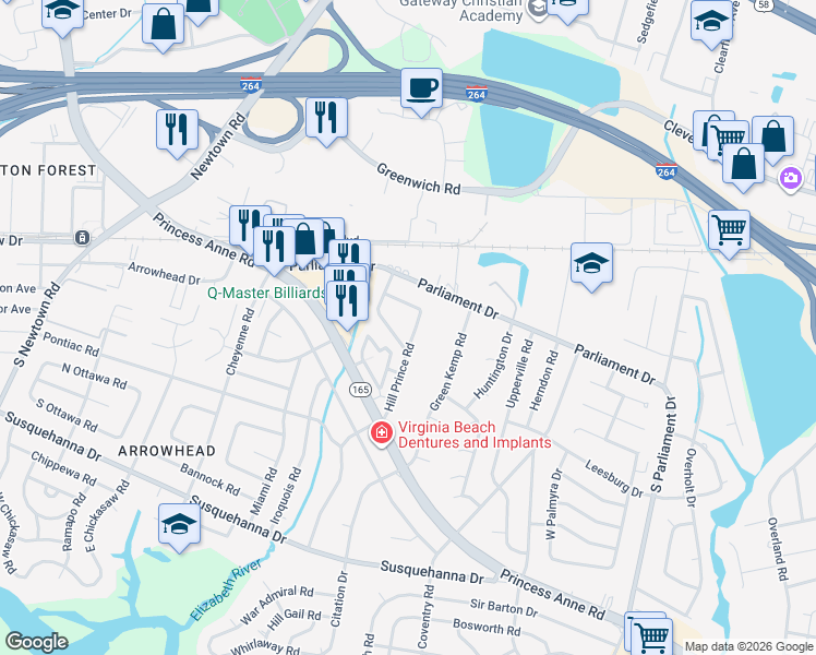 map of restaurants, bars, coffee shops, grocery stores, and more near 5517 Nashua Road in Virginia Beach