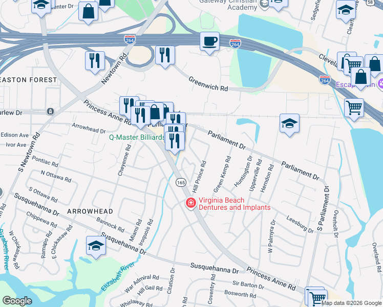 map of restaurants, bars, coffee shops, grocery stores, and more near 135 Gallant Fox Road in Virginia Beach
