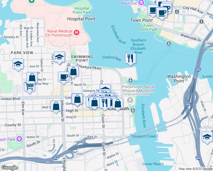 map of restaurants, bars, coffee shops, grocery stores, and more near 316 North Street in Portsmouth