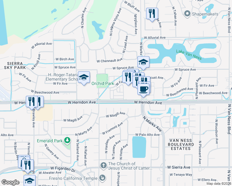 map of restaurants, bars, coffee shops, grocery stores, and more near 3286 West Illumination Drive in Fresno