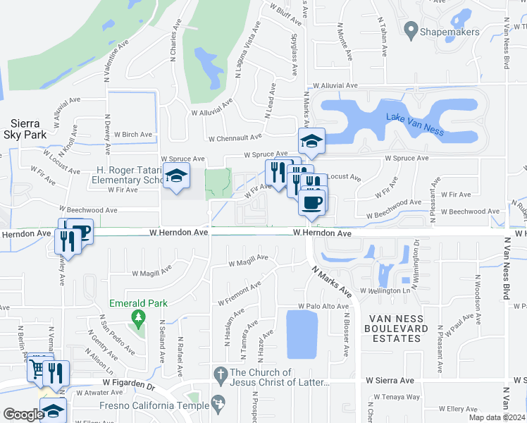 map of restaurants, bars, coffee shops, grocery stores, and more near 3215 West Nobility Drive in Fresno