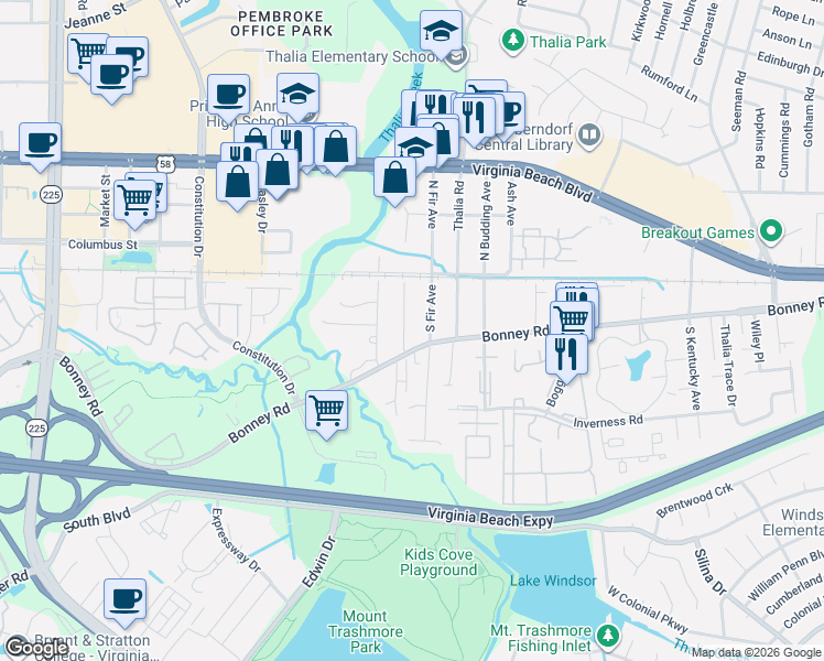map of restaurants, bars, coffee shops, grocery stores, and more near 131 South Palm Avenue in Virginia Beach