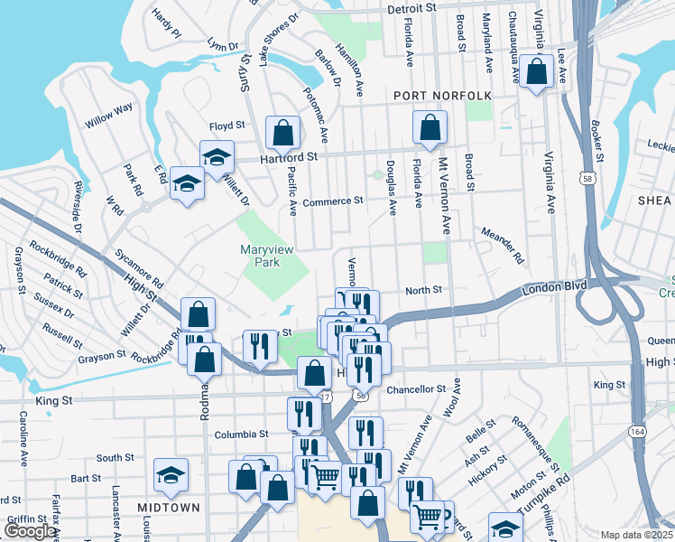 map of restaurants, bars, coffee shops, grocery stores, and more near 937 Potomac Avenue in Portsmouth