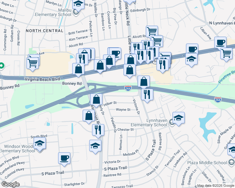 map of restaurants, bars, coffee shops, grocery stores, and more near 3536 Boyd Road in Virginia Beach