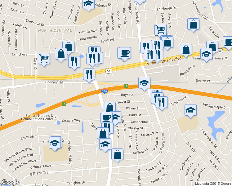map of restaurants, bars, coffee shops, grocery stores, and more near 3552 Boyd Road in Virginia Beach