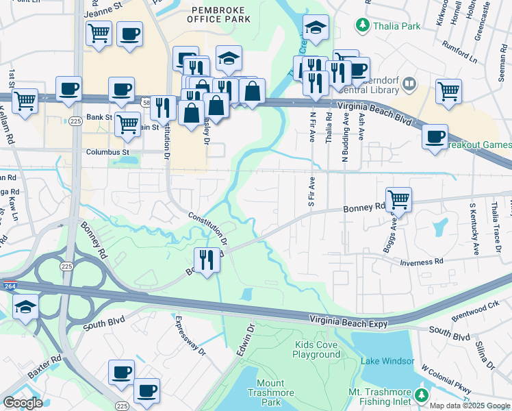 map of restaurants, bars, coffee shops, grocery stores, and more near 4304 Tillman Drive in Virginia Beach