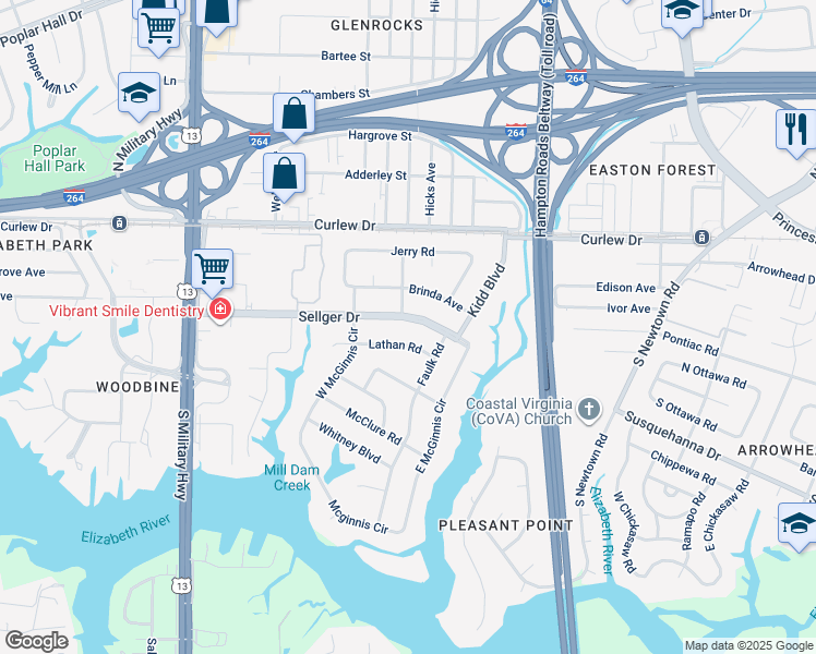 map of restaurants, bars, coffee shops, grocery stores, and more near 5931 Sellger Drive in Norfolk