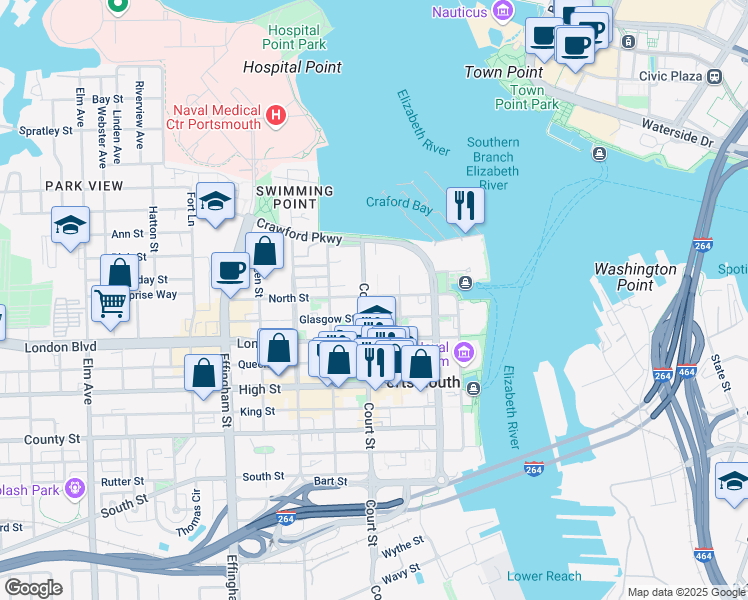 map of restaurants, bars, coffee shops, grocery stores, and more near 327 North Street in Portsmouth