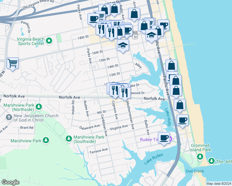 map of restaurants, bars, coffee shops, grocery stores, and more near 646 Pinewood Drive in Virginia Beach