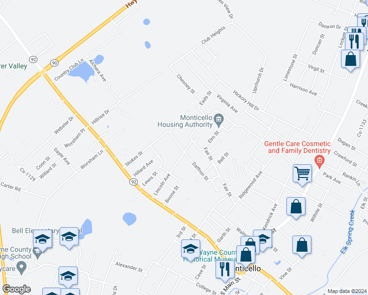 map of restaurants, bars, coffee shops, grocery stores, and more near 401 Stokes Avenue in Monticello