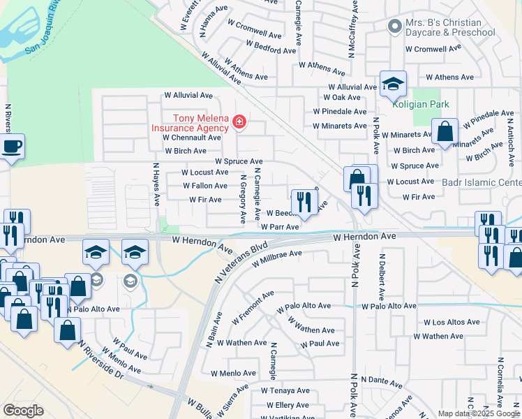 map of restaurants, bars, coffee shops, grocery stores, and more near 5733 West Fir Avenue in Fresno