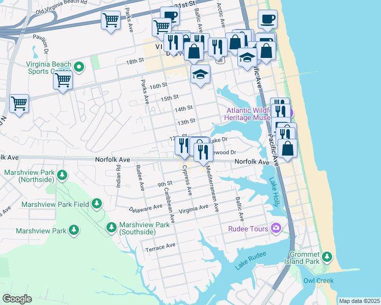 map of restaurants, bars, coffee shops, grocery stores, and more near 646 Pinewood Drive in Virginia Beach