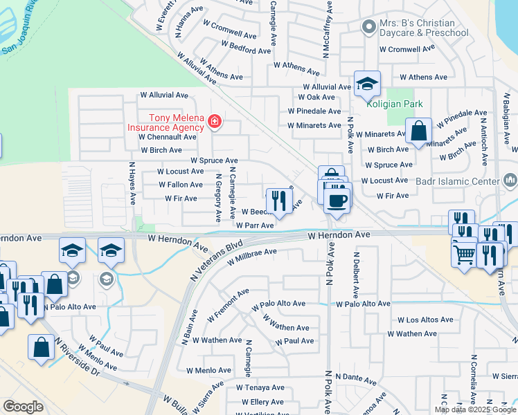 map of restaurants, bars, coffee shops, grocery stores, and more near 5649 West Fir Avenue in Fresno