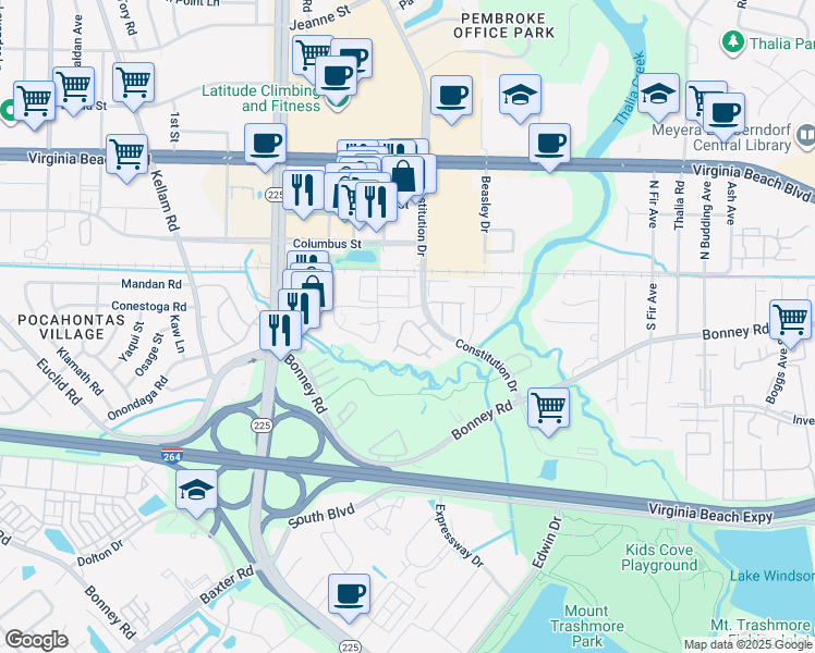 map of restaurants, bars, coffee shops, grocery stores, and more near 4567 Genoa Circle in Virginia Beach