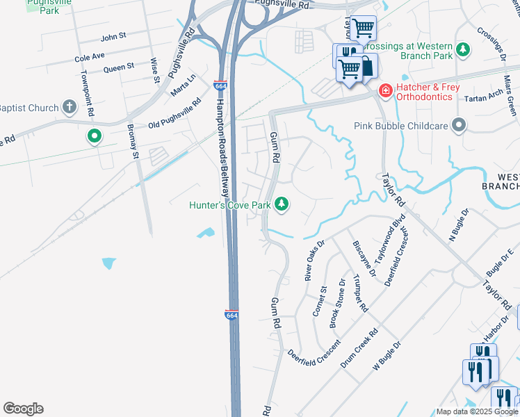 map of restaurants, bars, coffee shops, grocery stores, and more near 2901 Big Bend Drive in Chesapeake