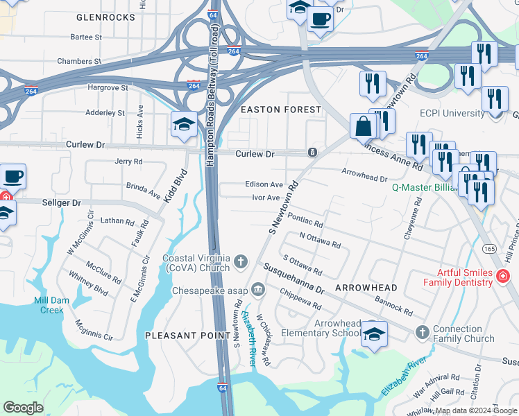 map of restaurants, bars, coffee shops, grocery stores, and more near 6118 Stephenson Avenue in Norfolk