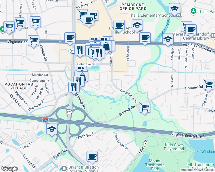 map of restaurants, bars, coffee shops, grocery stores, and more near 4565 Genoa Circle in Virginia Beach