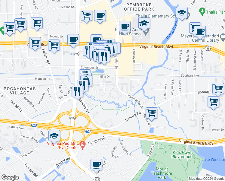 map of restaurants, bars, coffee shops, grocery stores, and more near 4565 Genoa Circle in Virginia Beach