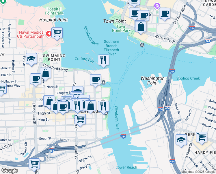 map of restaurants, bars, coffee shops, grocery stores, and more near 415 Water Street in Portsmouth