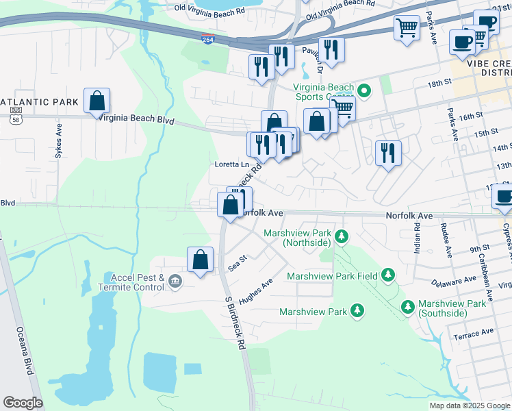 map of restaurants, bars, coffee shops, grocery stores, and more near 1087 Kenya Lane in Virginia Beach