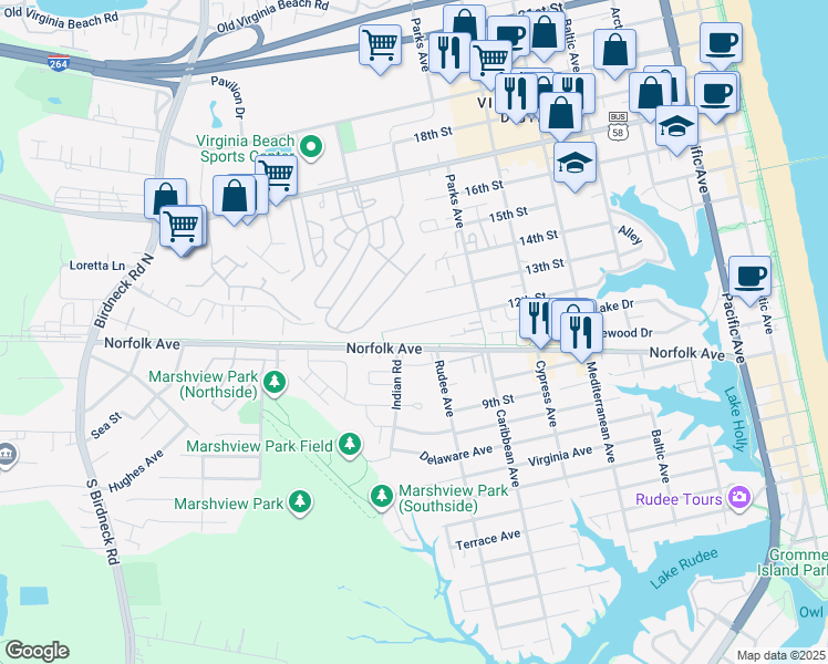 map of restaurants, bars, coffee shops, grocery stores, and more near 912 12th Street in Virginia Beach