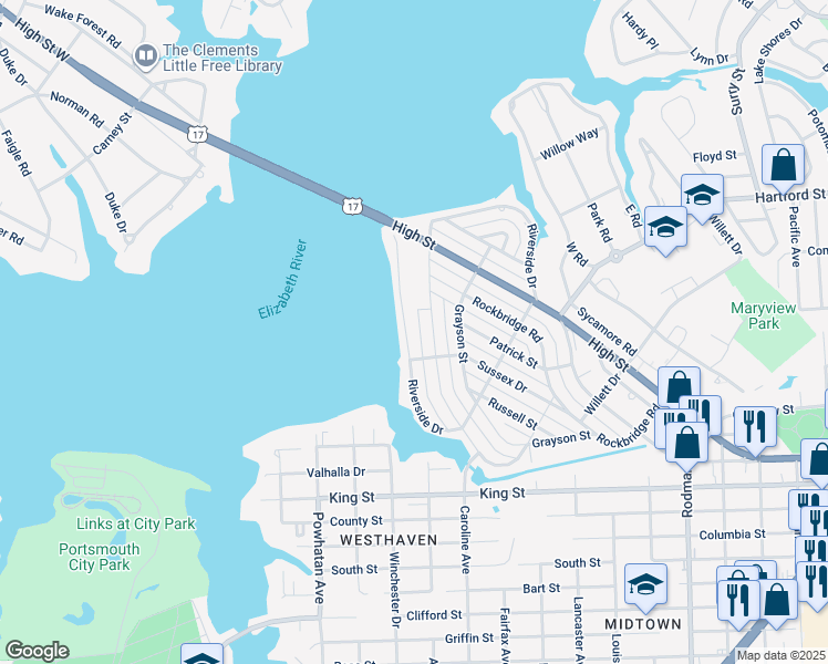 map of restaurants, bars, coffee shops, grocery stores, and more near 443 Riverside Drive in Portsmouth
