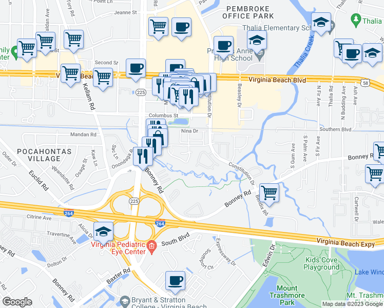 map of restaurants, bars, coffee shops, grocery stores, and more near 208 Ferdinand Circle in Virginia Beach